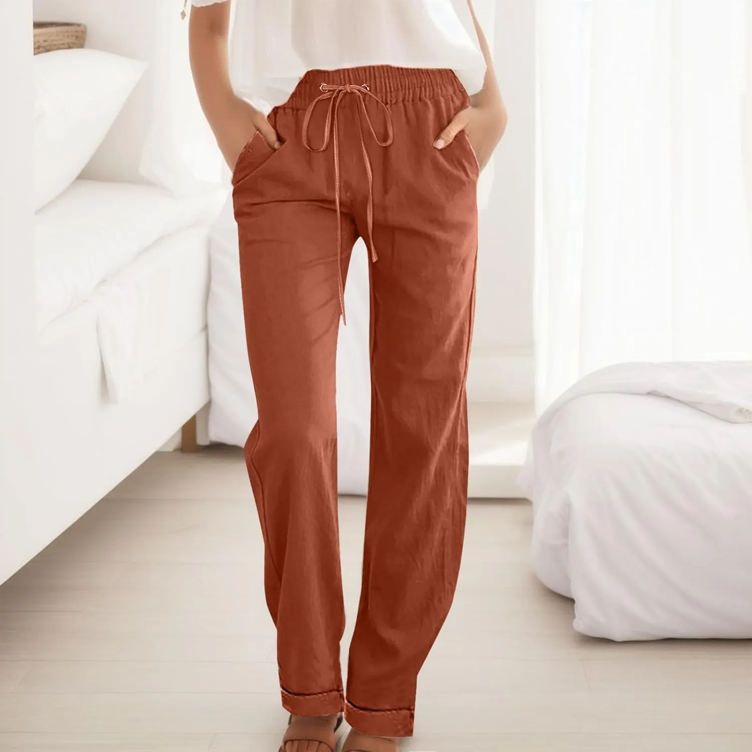Women Linen Blend Summer Tie Knot Pant Trousers Elastic Waisted Lounge Pants Slim Fit Palazzo Pants Work Business