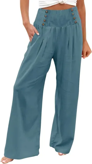Women Linen Palazzo Pants Summer High Waist Wide Leg Flowy Smocked Pants Beach Vacation Clothes Casual Lounge Outfits