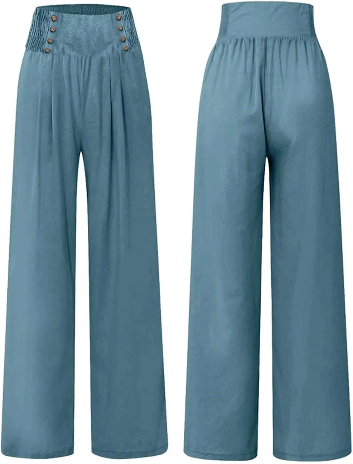 Women Linen Palazzo Pants Summer High Waist Wide Leg Flowy Smocked Pants Beach Vacation Clothes Casual Lounge Outfits
