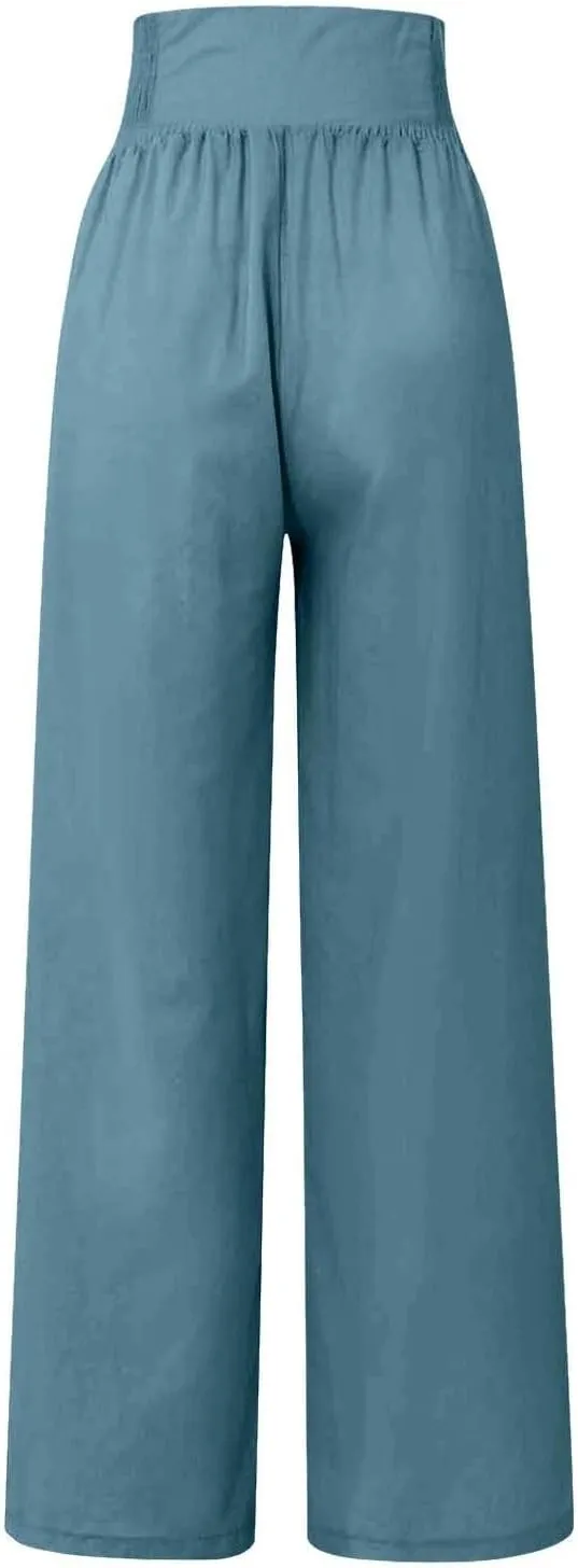 Women Linen Palazzo Pants Summer High Waist Wide Leg Flowy Smocked Pants Beach Vacation Clothes Casual Lounge Outfits