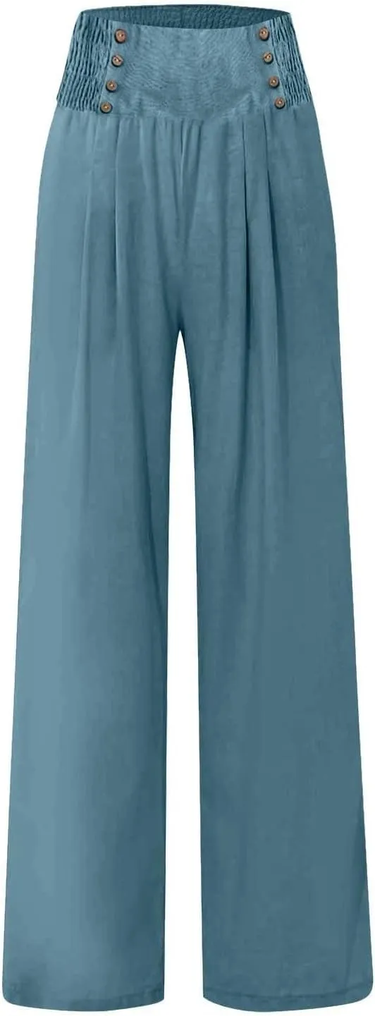 Women Linen Palazzo Pants Summer High Waist Wide Leg Flowy Smocked Pants Beach Vacation Clothes Casual Lounge Outfits