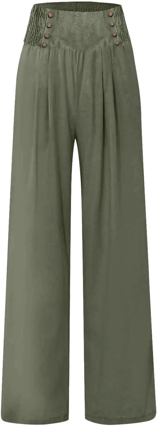Women Linen Pants Palazzo Wide Leg Elastic High Waist Flowy Trousers Casual Loose Beach Travel Lounge Summer Pants
