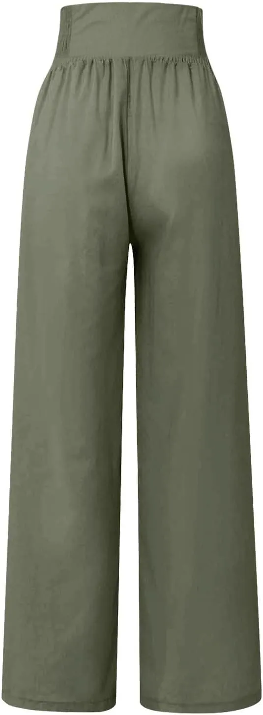 Women Linen Pants Palazzo Wide Leg Elastic High Waist Flowy Trousers Casual Loose Beach Travel Lounge Summer Pants