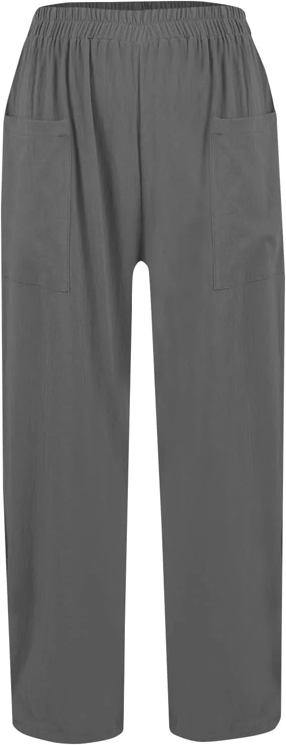 Women Linen Pants Summer High Waist Palazzo Pants Casual Wide Pant Comfy Tummy Control Trousers with Pockets (S-2Xl)