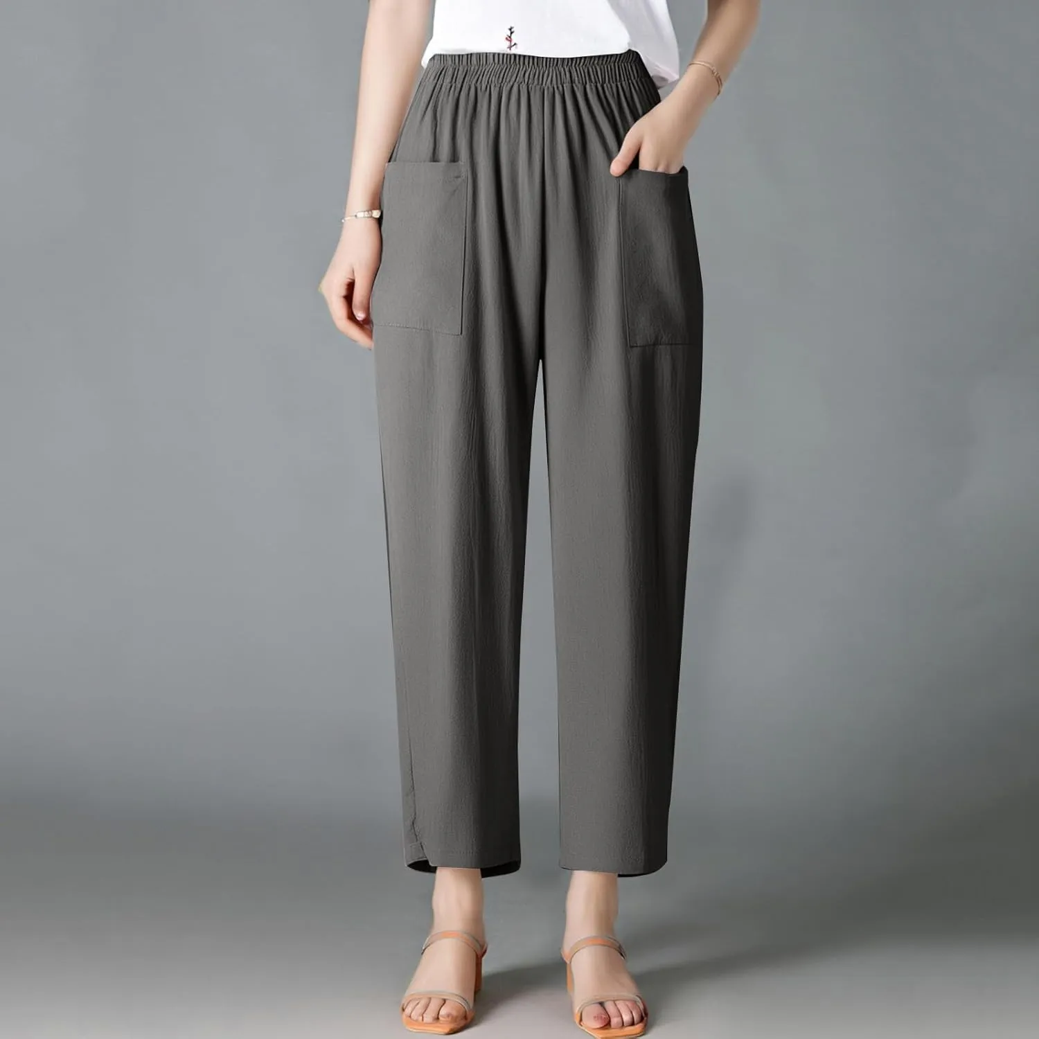 Women Linen Pants Summer High Waist Palazzo Pants Casual Wide Pant Comfy Tummy Control Trousers with Pockets (S-2Xl)