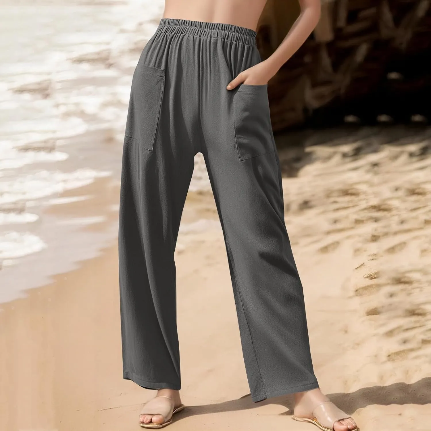 Women Linen Pants Summer High Waist Palazzo Pants Casual Wide Pant Comfy Tummy Control Trousers with Pockets (S-2Xl)
