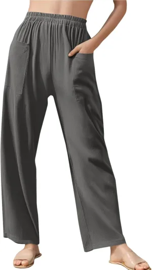 Women Linen Pants Summer High Waist Palazzo Pants Casual Wide Pant Comfy Tummy Control Trousers with Pockets (S-2Xl)