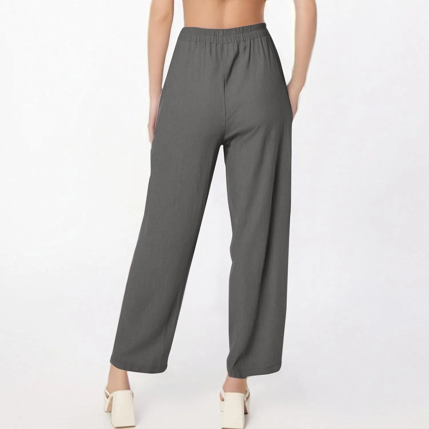 Women Linen Pants Summer High Waist Palazzo Pants Casual Wide Pant Comfy Tummy Control Trousers with Pockets (S-2Xl)