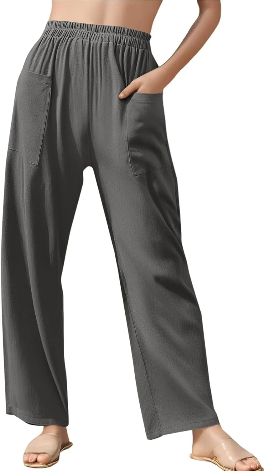 Women Linen Pants Summer High Waist Palazzo Pants Casual Wide Pant Comfy Tummy Control Trousers with Pockets (S-2Xl)