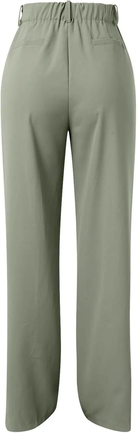 Women Linen Summer Floral Palazzo Lounge Pants Elastic Waisted Bootcut Slim-Fit Trouser Business Work