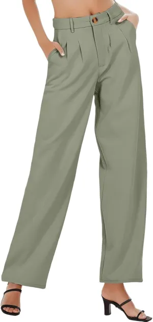 Women Linen Summer Floral Palazzo Lounge Pants Elastic Waisted Bootcut Slim-Fit Trouser Business Work