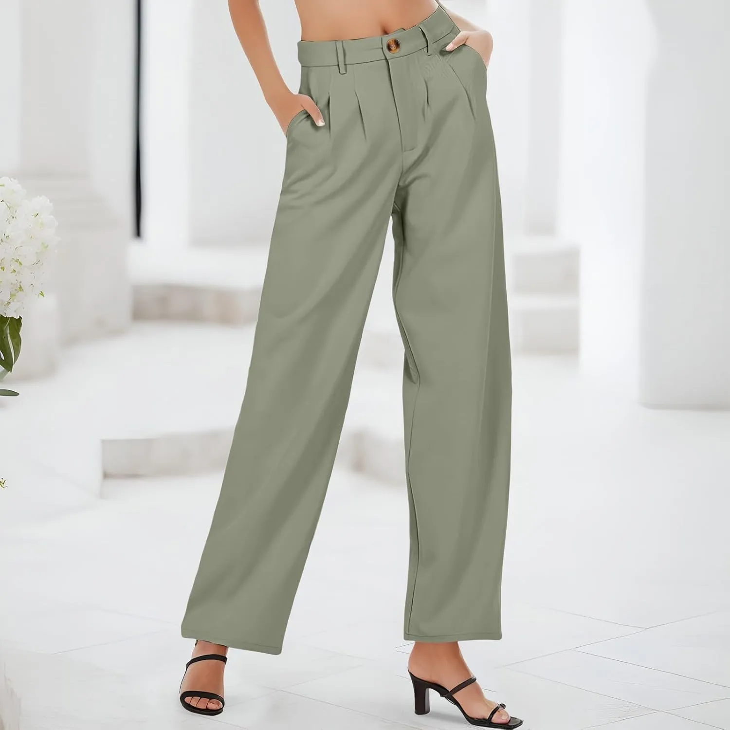 Women Linen Summer Floral Palazzo Lounge Pants Elastic Waisted Bootcut Slim-Fit Trouser Business Work