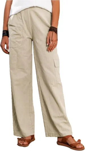 Women Linen Summer Floral Pant Trousers Elastic Waisted Wide Leg Slim-Fit Trousers Vacation