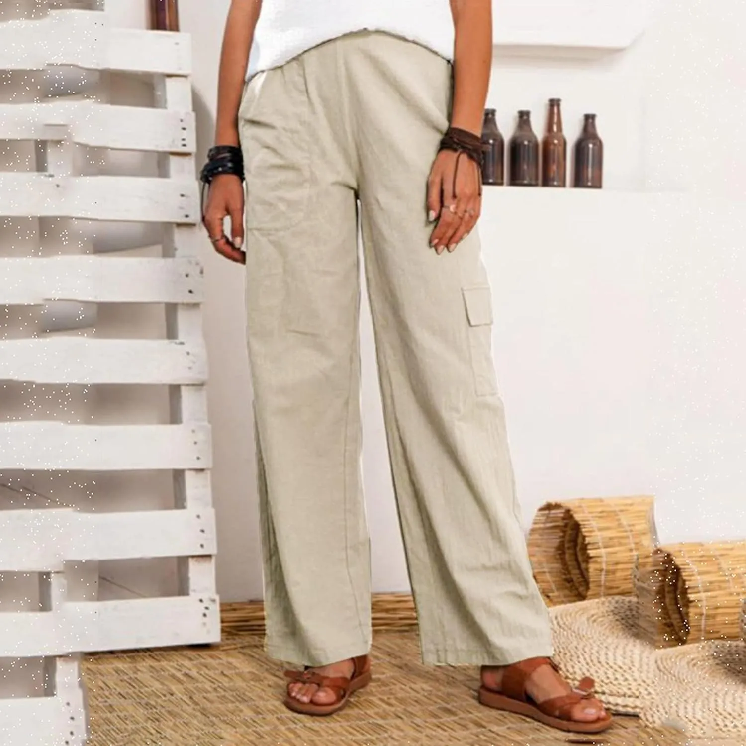 Women Linen Summer Floral Pant Trousers Elastic Waisted Wide Leg Slim-Fit Trousers Vacation