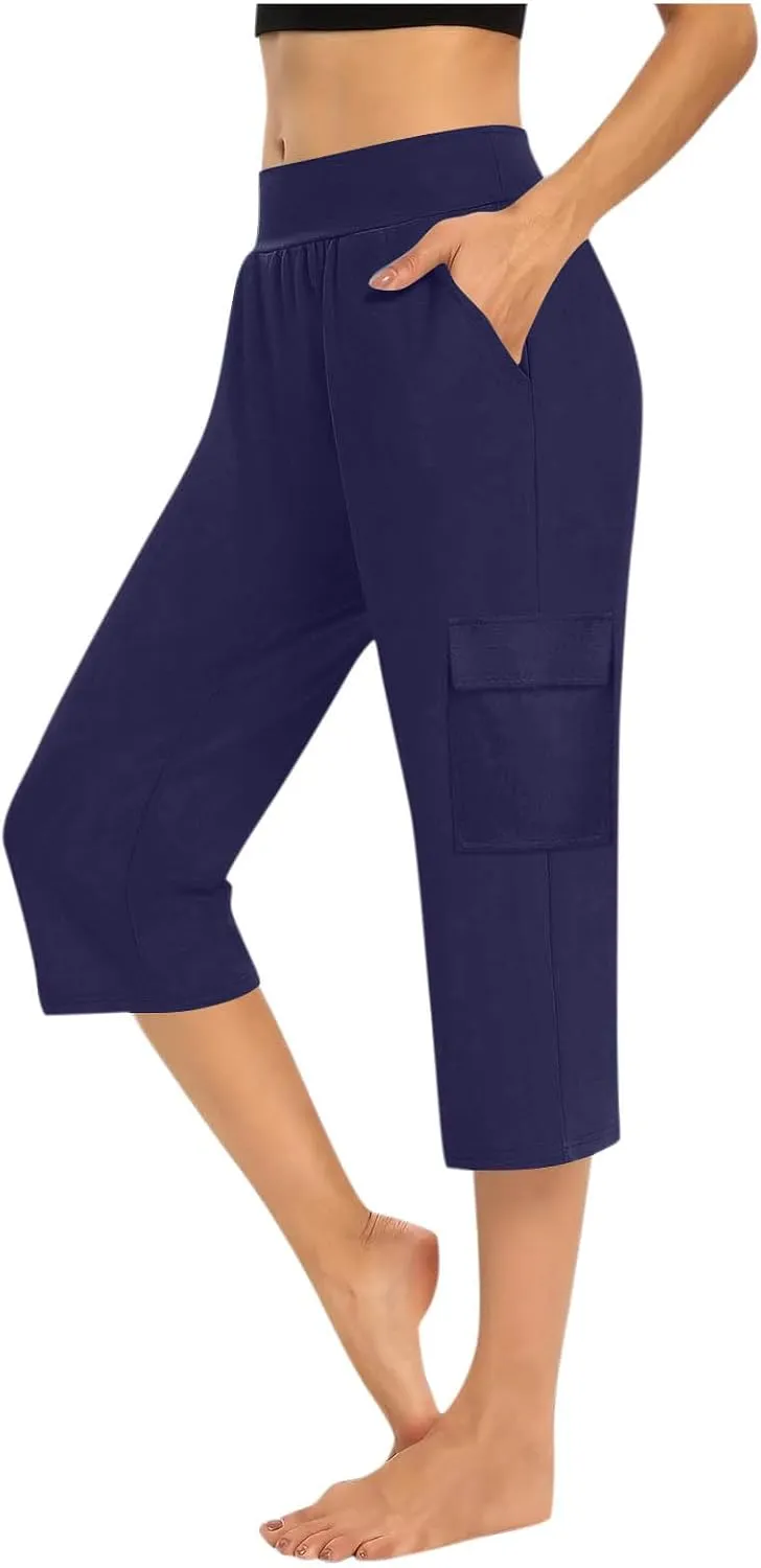Women Loose Cargo Capri Pants for Women Summer Tummy Control High Waist Yoga Workout Pant Athletic Straight Leg Crop Trousers