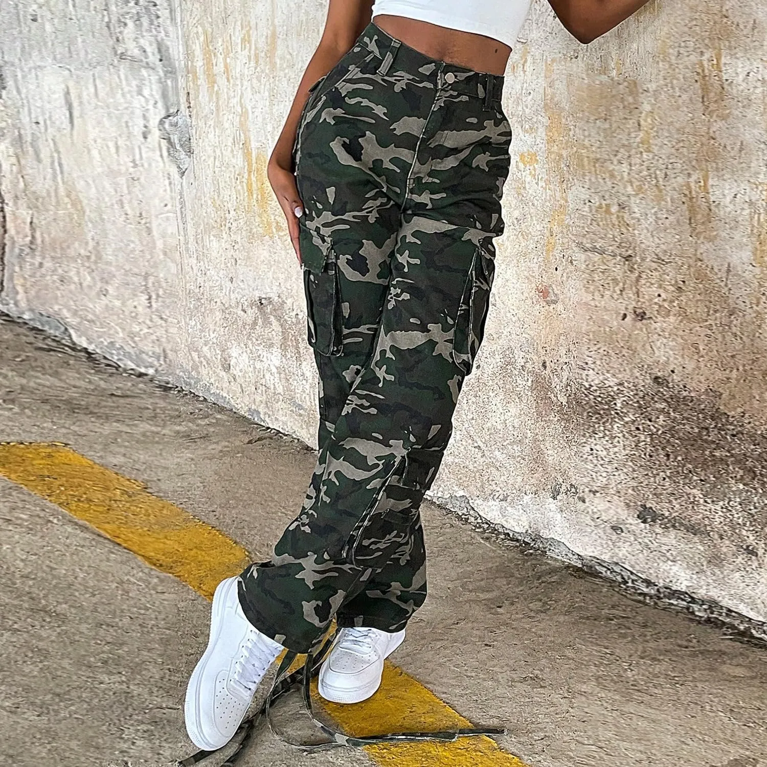 Women Mid Waisted Cargo Jeans Flap Pocket Straight Wide Leg Casual Baggy Boyfriend Denim Streetwear Pants