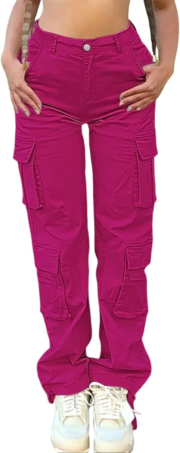 Women Mid Waisted Cargo Jeans Flap Pocket Straight Wide Leg Casual Baggy Boyfriend Denim Streetwear Pants