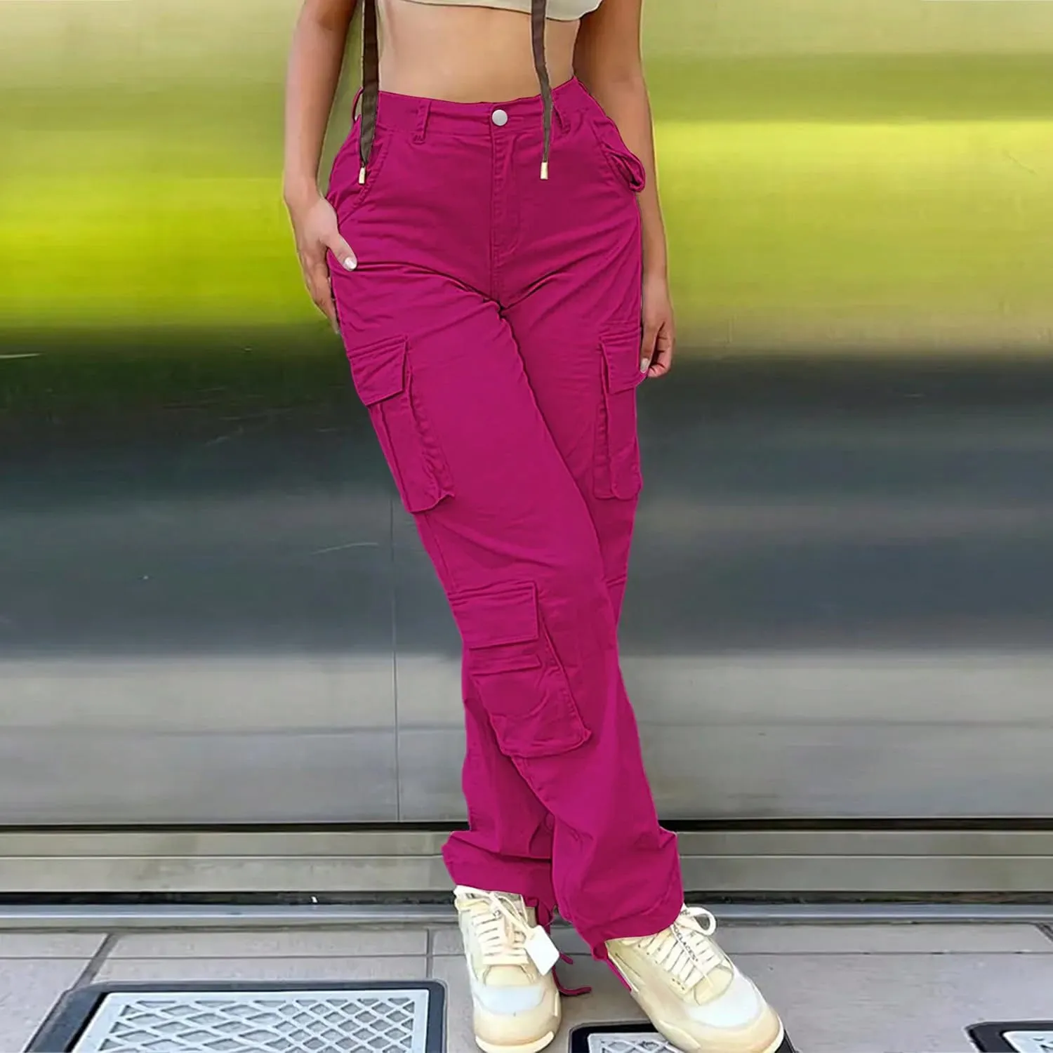 Women Mid Waisted Cargo Jeans Flap Pocket Straight Wide Leg Casual Baggy Boyfriend Denim Streetwear Pants