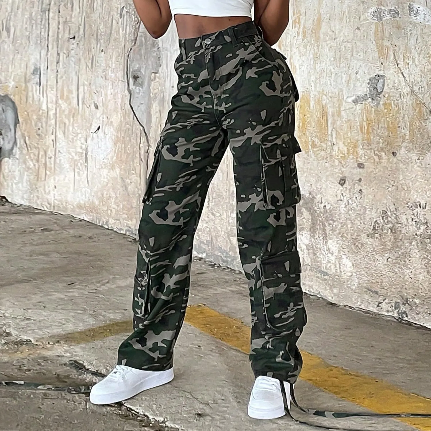 Women Mid Waisted Cargo Jeans Flap Pocket Straight Wide Leg Casual Baggy Boyfriend Denim Streetwear Pants