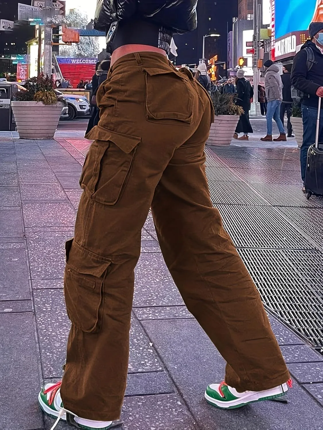 Women Mid Waisted Cargo Jeans Flap Pocket Straight Wide Leg Casual Baggy Boyfriend Denim Streetwear Pants
