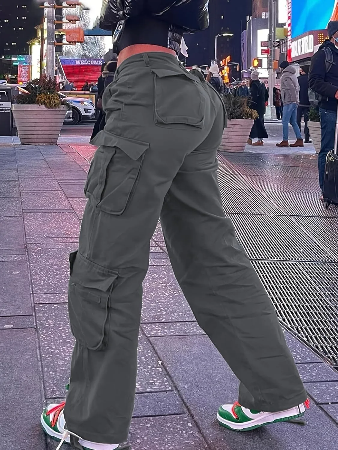 Women Mid Waisted Cargo Jeans Flap Pocket Straight Wide Leg Casual Baggy Boyfriend Denim Streetwear Pants