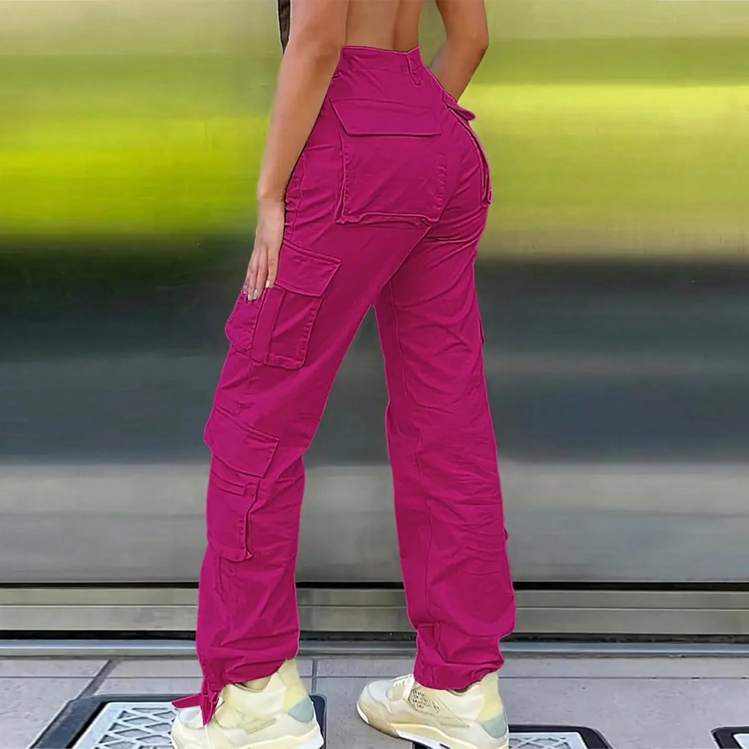 Women Mid Waisted Cargo Jeans Flap Pocket Straight Wide Leg Casual Baggy Boyfriend Denim Streetwear Pants