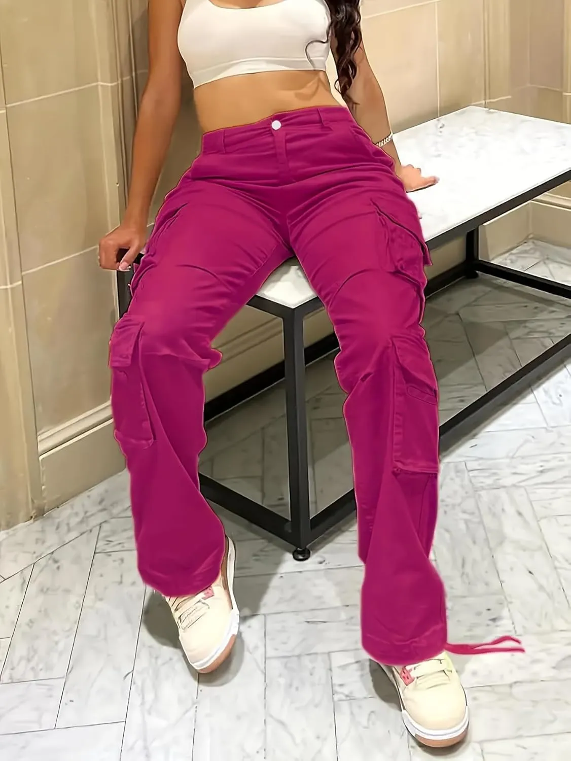 Women Mid Waisted Cargo Jeans Flap Pocket Straight Wide Leg Casual Baggy Boyfriend Denim Streetwear Pants