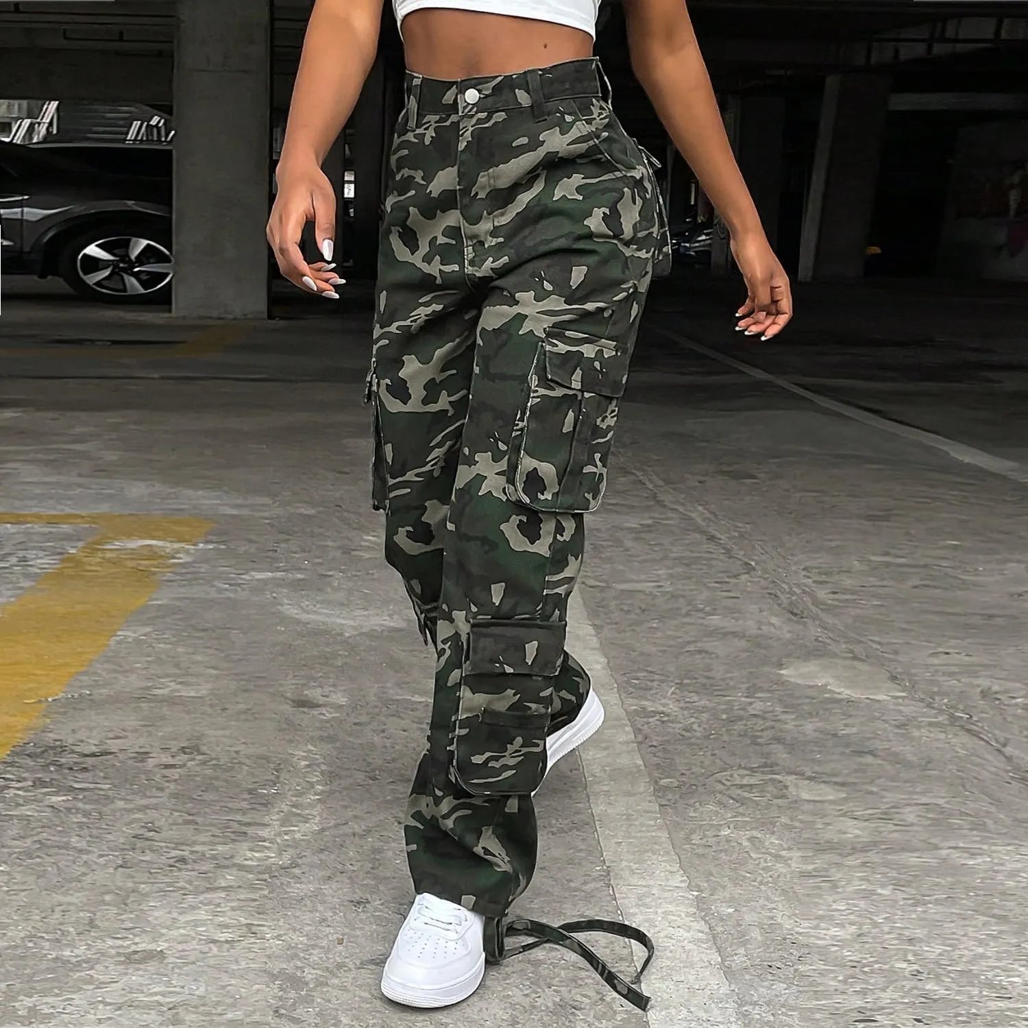 Women Mid Waisted Cargo Jeans Flap Pocket Straight Wide Leg Casual Baggy Boyfriend Denim Streetwear Pants