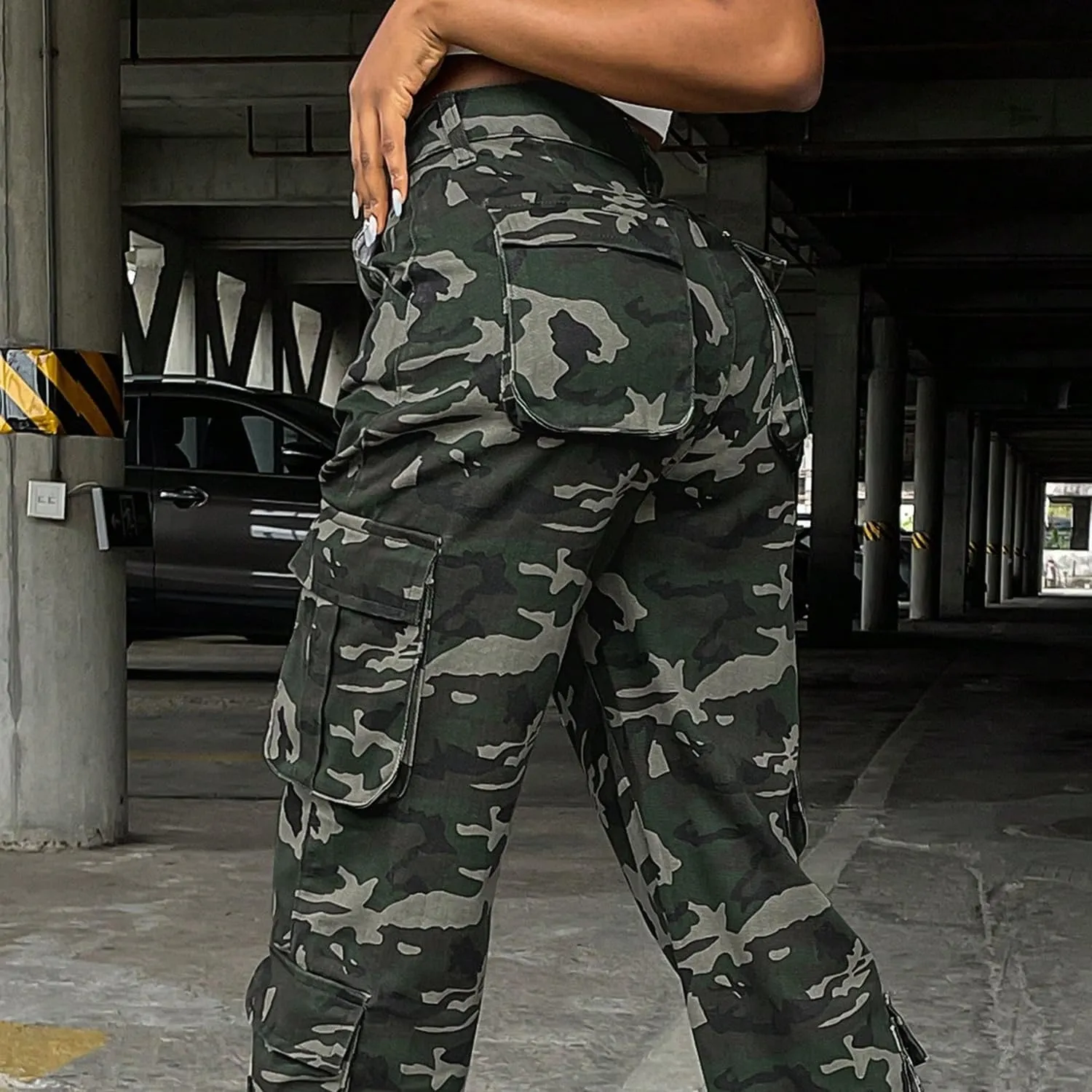 Women Mid Waisted Cargo Jeans Flap Pocket Straight Wide Leg Casual Baggy Boyfriend Denim Streetwear Pants