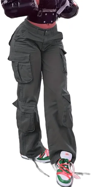 Women Mid Waisted Cargo Jeans Flap Pocket Straight Wide Leg Casual Baggy Boyfriend Denim Streetwear Pants