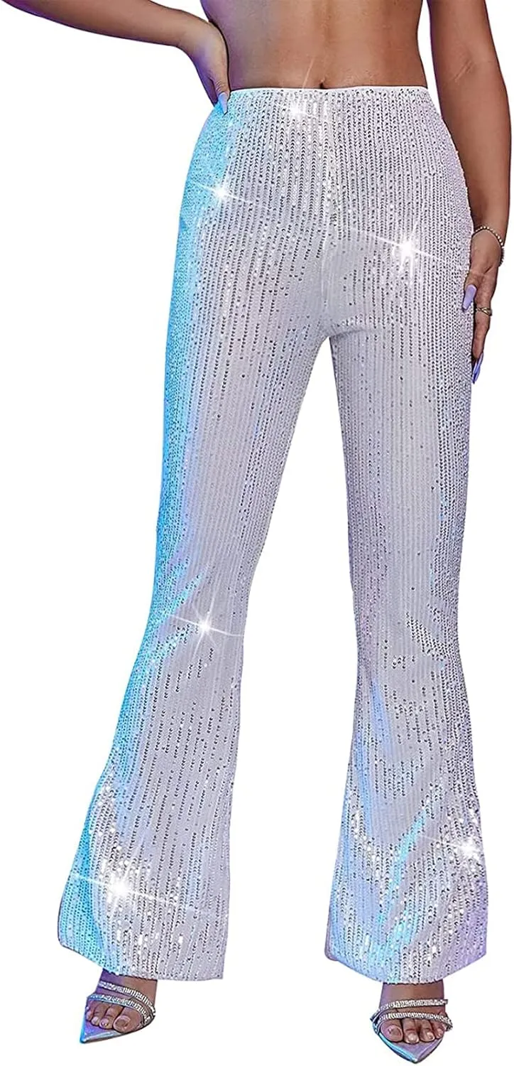 Women Sequin Flare Pants Sparkle Wide Leg High Waist Glitter Shiny Loose Bell Bottom Night Club Long Flared Trousers