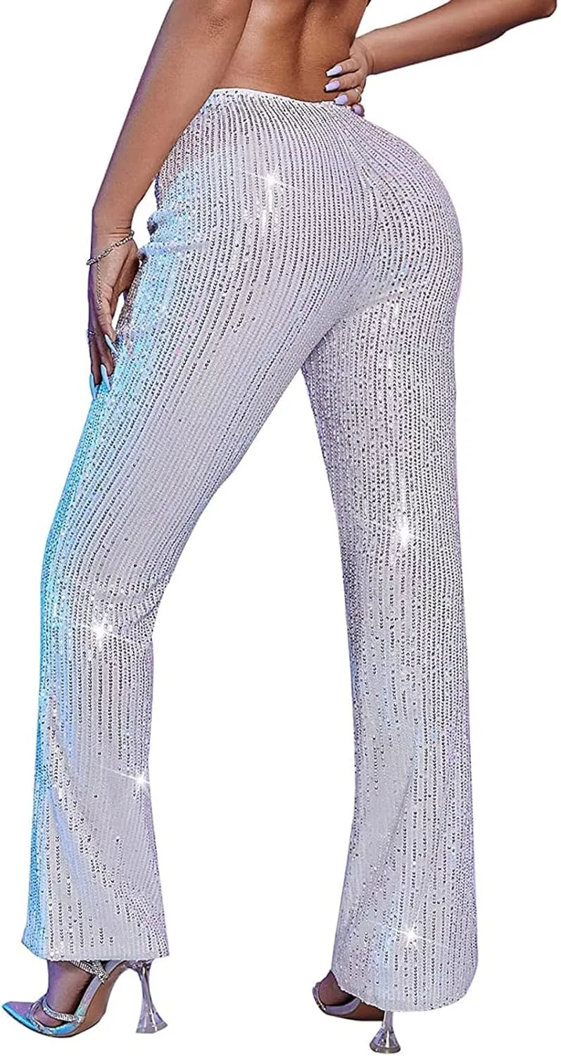 Women Sequin Flare Pants Sparkle Wide Leg High Waist Glitter Shiny Loose Bell Bottom Night Club Long Flared Trousers