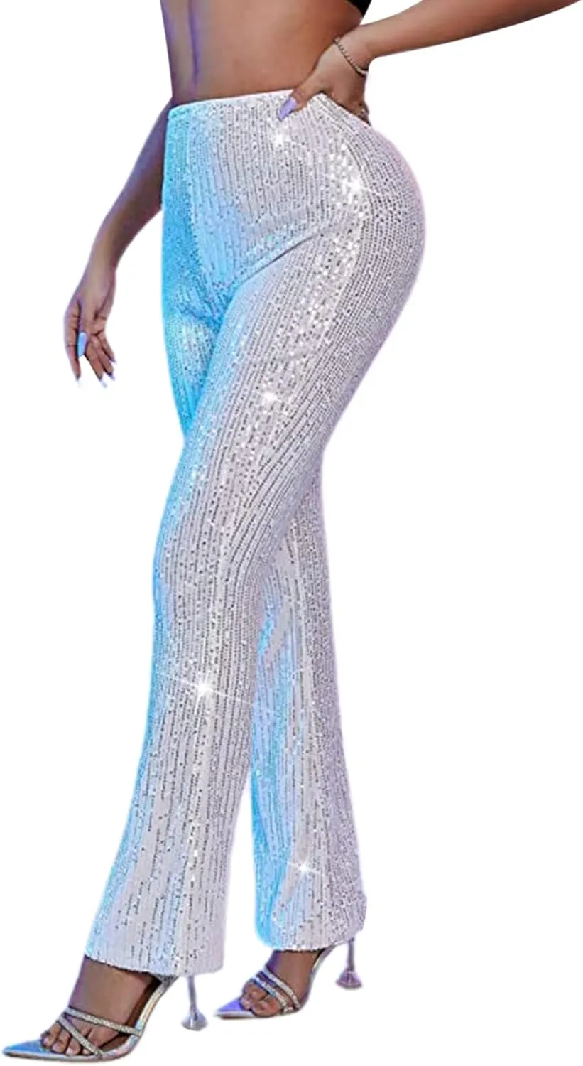 Women Sequin Flare Pants Sparkle Wide Leg High Waist Glitter Shiny Loose Bell Bottom Night Club Long Flared Trousers