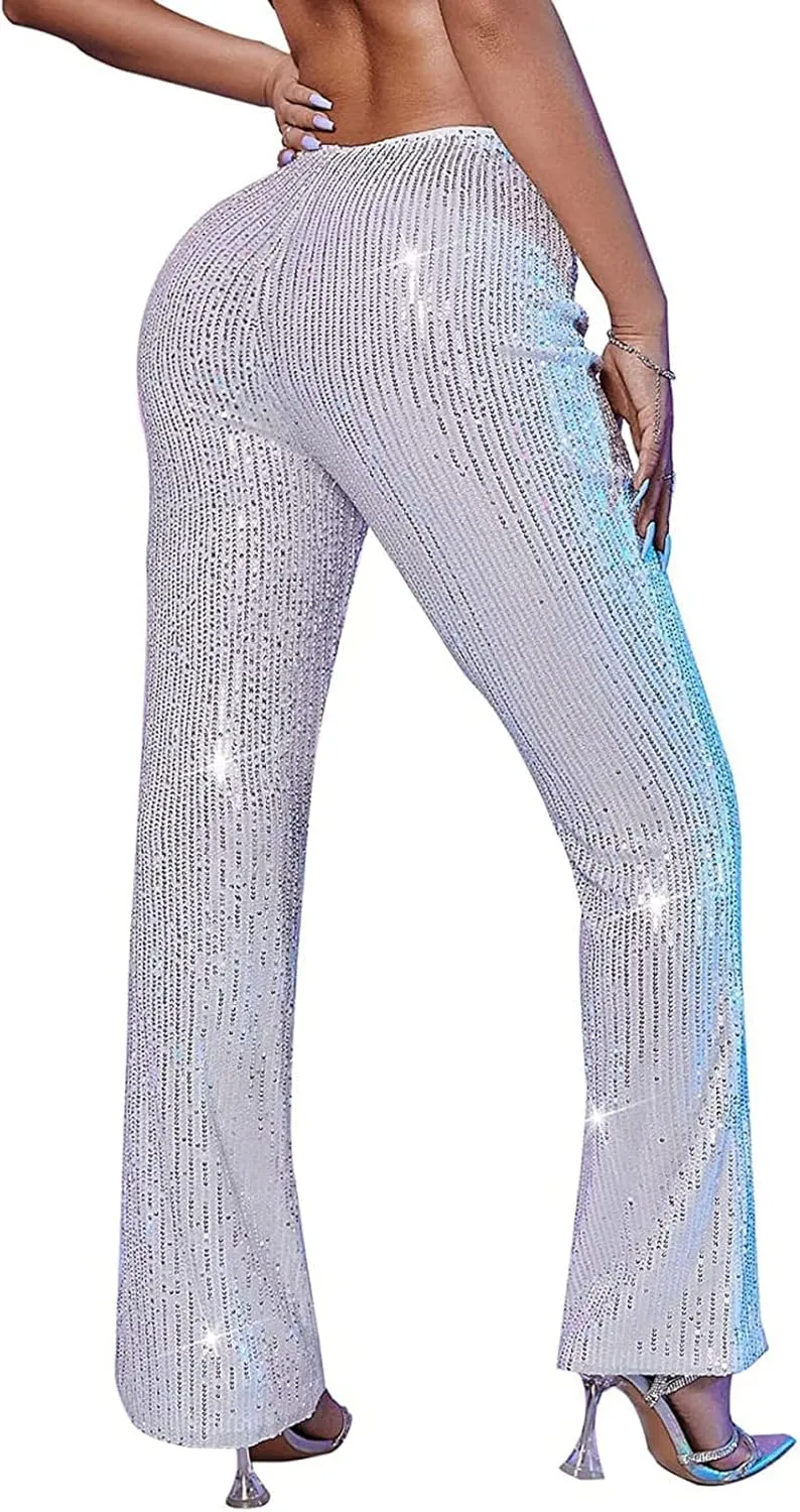 Women Sequin Flare Pants Sparkle Wide Leg High Waist Glitter Shiny Loose Bell Bottom Night Club Long Flared Trousers