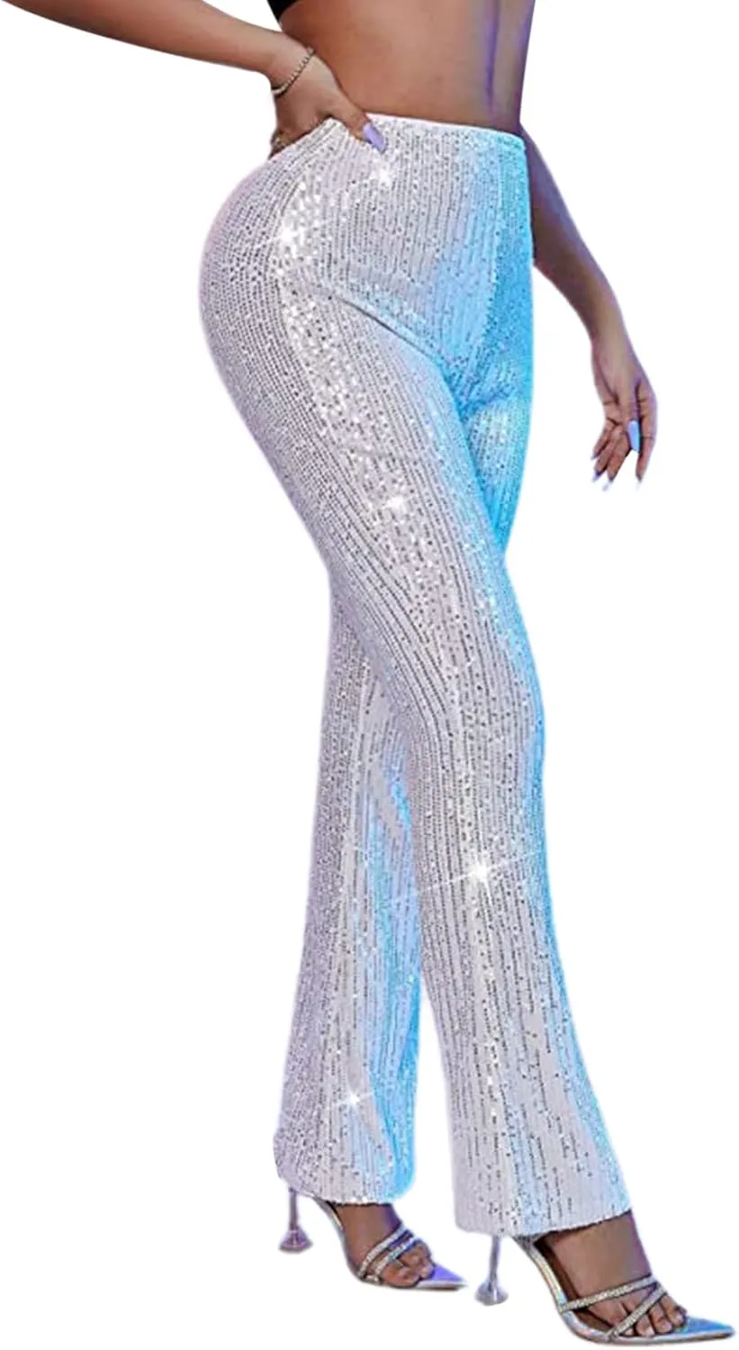 Women Sequin Flare Pants Sparkle Wide Leg High Waist Glitter Shiny Loose Bell Bottom Night Club Long Flared Trousers