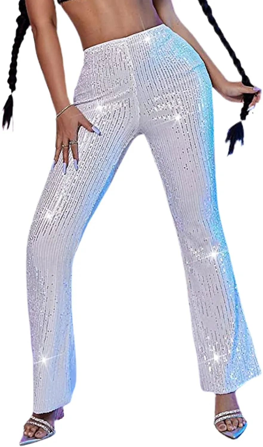 Women Sequin Flare Pants Sparkle Wide Leg High Waist Glitter Shiny Loose Bell Bottom Night Club Long Flared Trousers