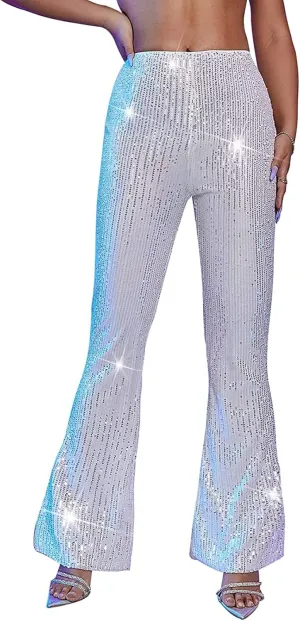 Women Sequin Flare Pants Sparkle Wide Leg High Waist Glitter Shiny Loose Bell Bottom Night Club Long Flared Trousers