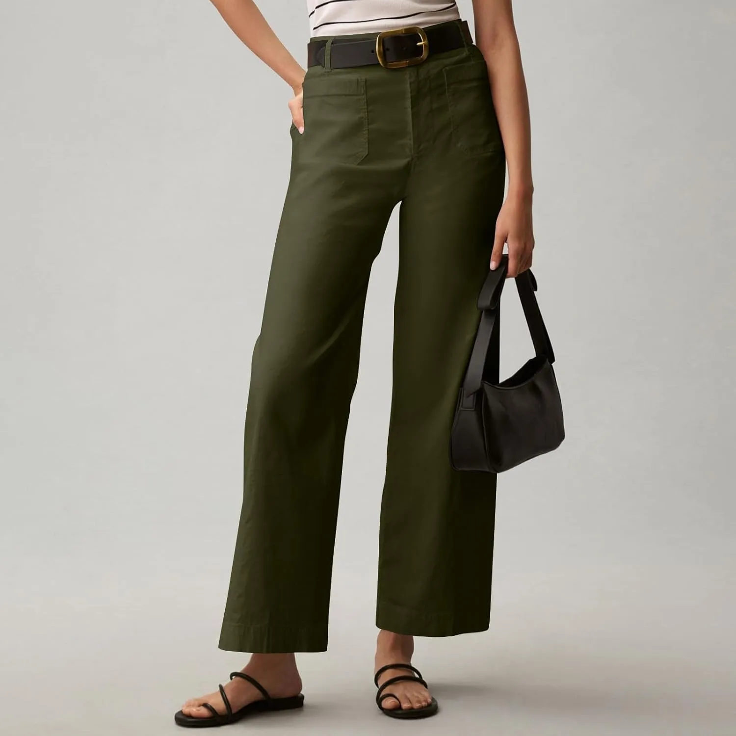 Women Stretch Twill Cropped Pants Wide Leg Jeans with Patch Pocket Straight Leg Chino Pants Casual Ankle Jeans