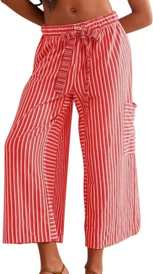 Women Striped High Waist Wide Leg Palazzo Pants Trousers Drawstring Cropped Pants with Pockets Capris Pants
