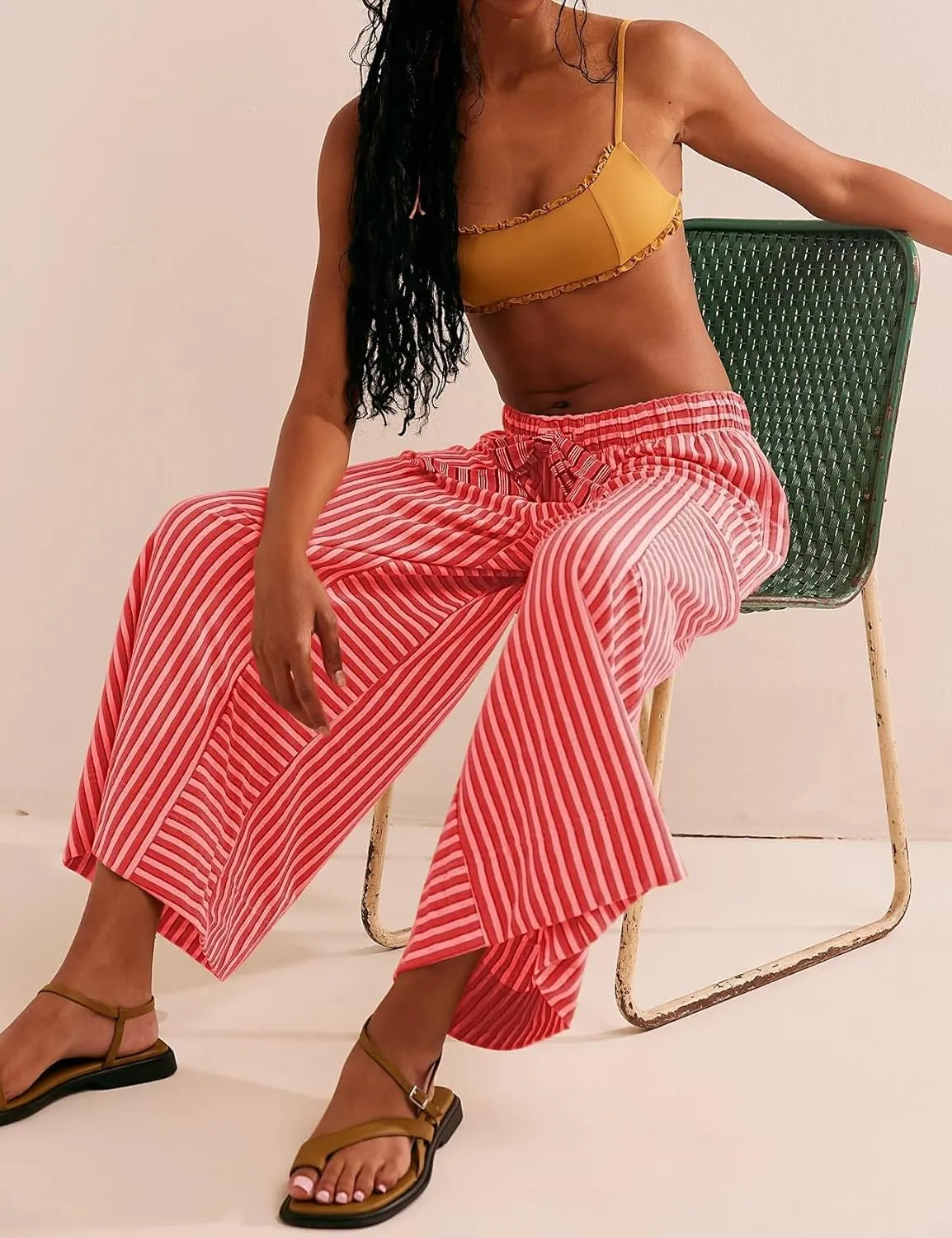 Women Striped High Waist Wide Leg Palazzo Pants Trousers Drawstring Cropped Pants with Pockets Capris Pants