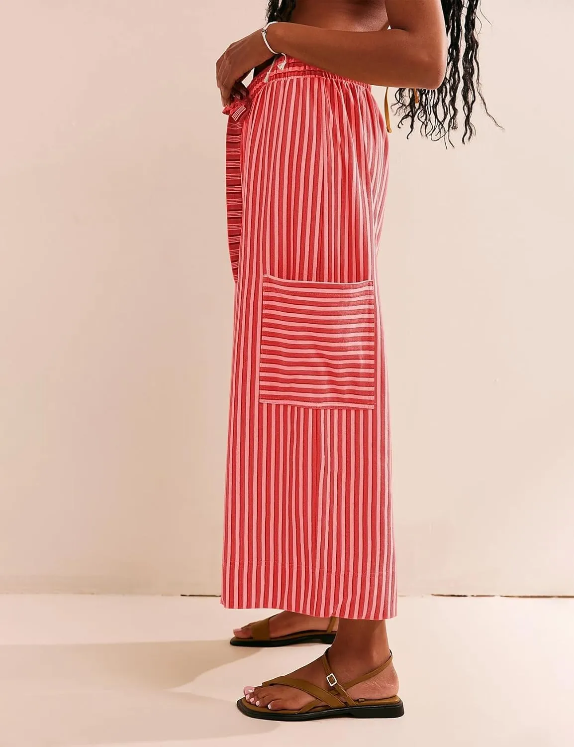 Women Striped High Waist Wide Leg Palazzo Pants Trousers Drawstring Cropped Pants with Pockets Capris Pants