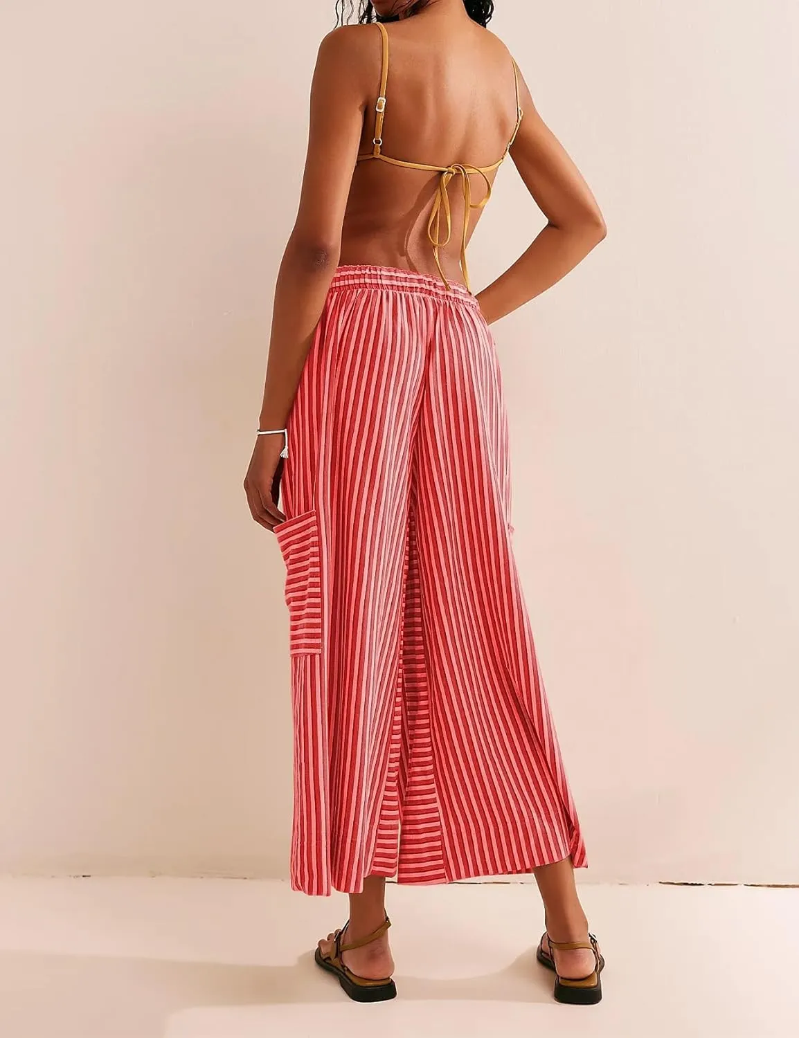 Women Striped High Waist Wide Leg Palazzo Pants Trousers Drawstring Cropped Pants with Pockets Capris Pants