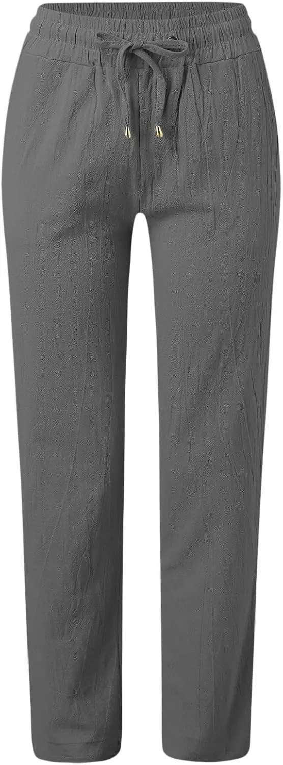 Women Summer Linen Cotton Trousers Drawstring Elastic High Waisted Casual Pants Straight Leg Beach Lounge Pants with Pocket