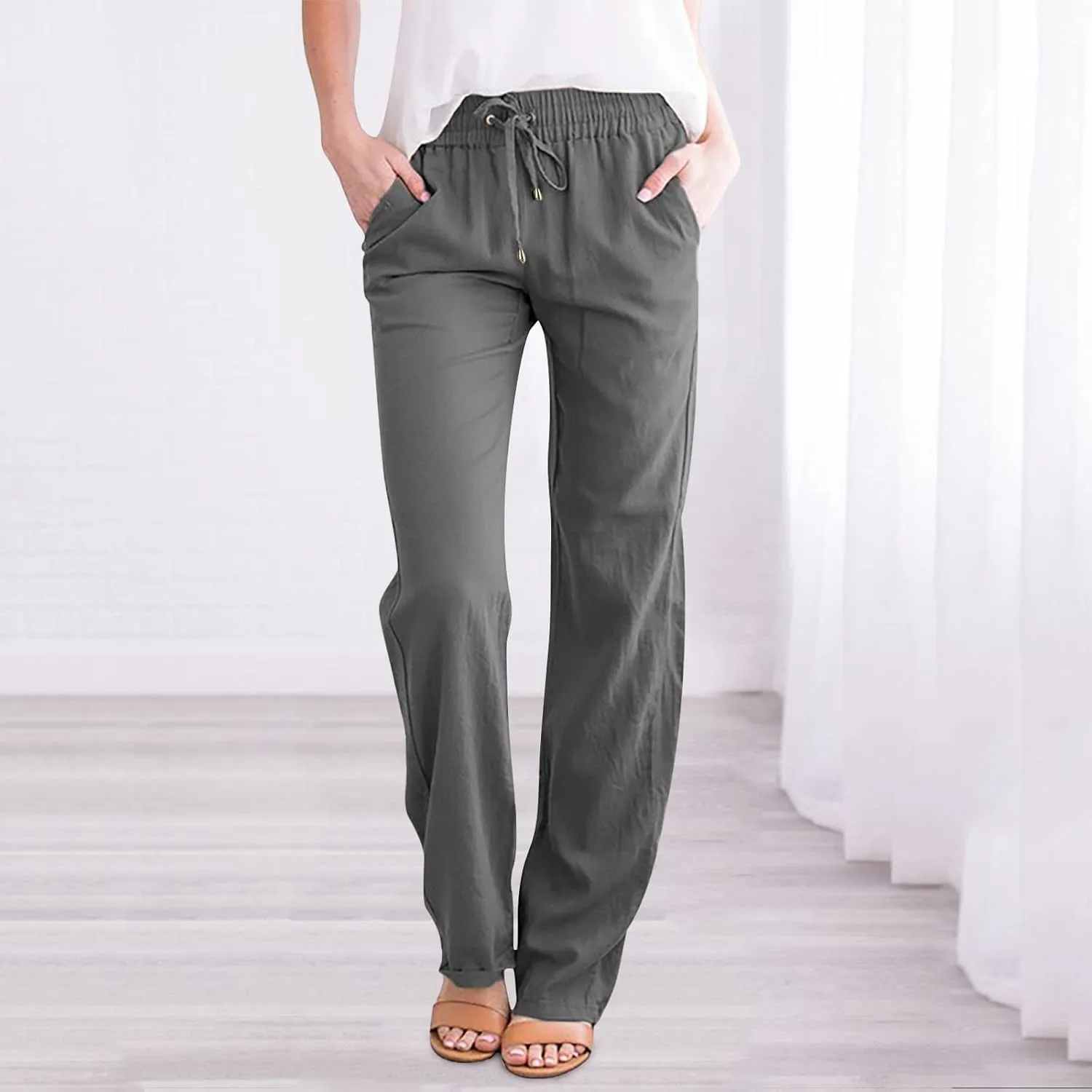 Women Summer Linen Cotton Trousers Drawstring Elastic High Waisted Casual Pants Straight Leg Beach Lounge Pants with Pocket