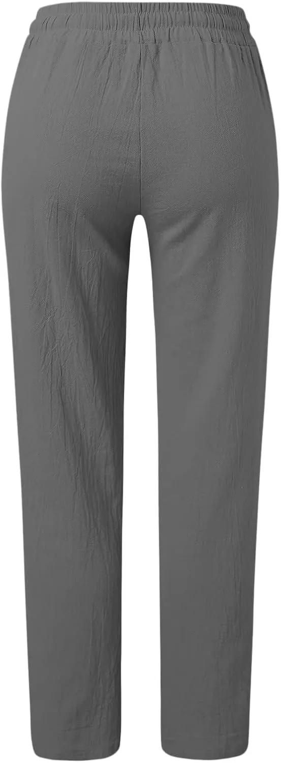 Women Summer Linen Cotton Trousers Drawstring Elastic High Waisted Casual Pants Straight Leg Beach Lounge Pants with Pocket