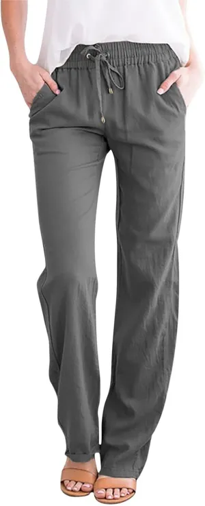 Women Summer Linen Cotton Trousers Drawstring Elastic High Waisted Casual Pants Straight Leg Beach Lounge Pants with Pocket