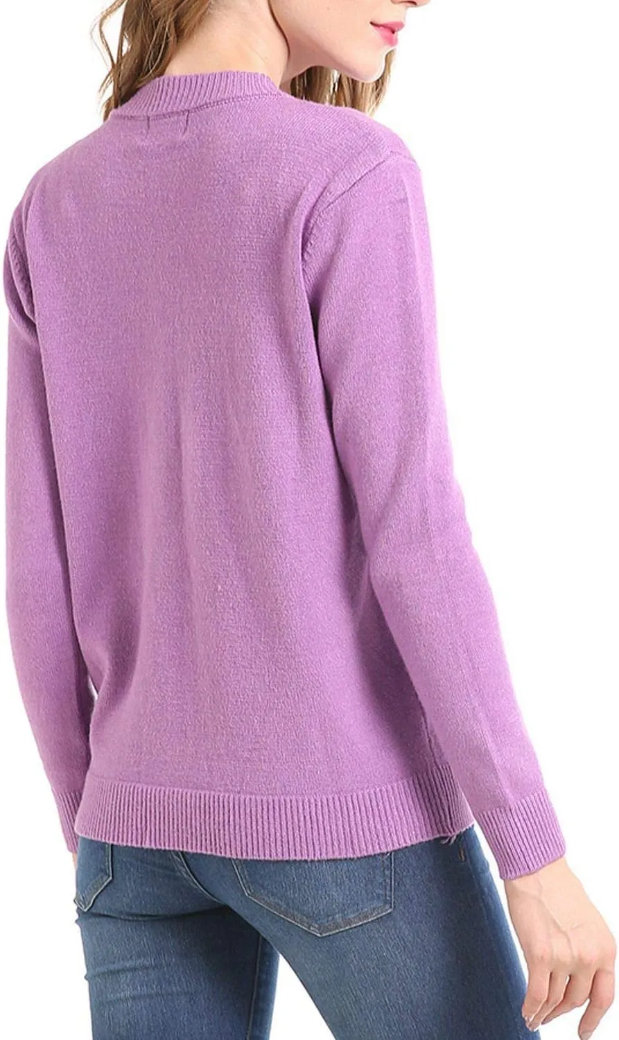 Women Thick Button Down Cardigan Sweaters Crew Neck Medium Weight Long Sleeve