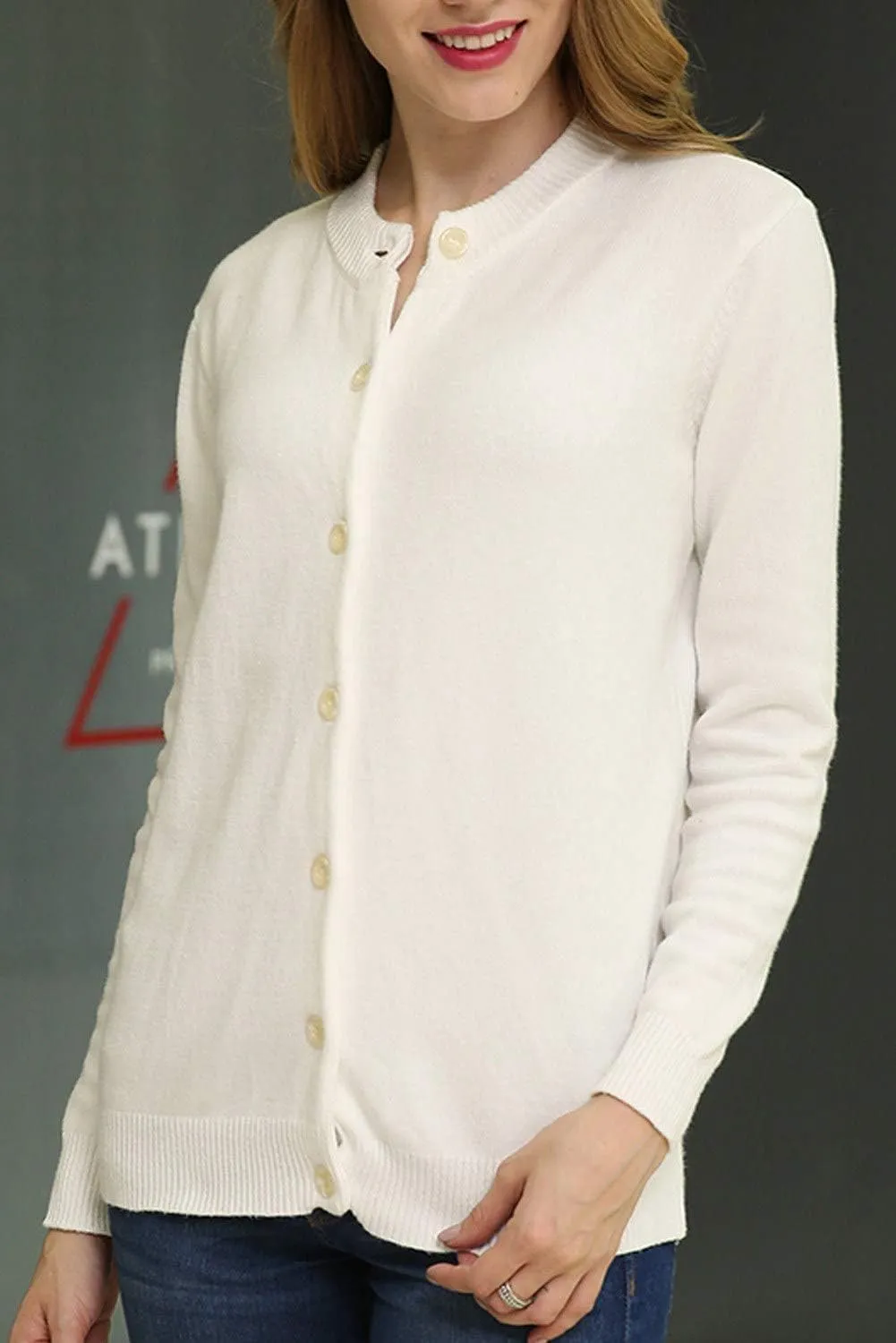Women Thick Button Down Cardigan Sweaters Crew Neck Medium Weight Long Sleeve