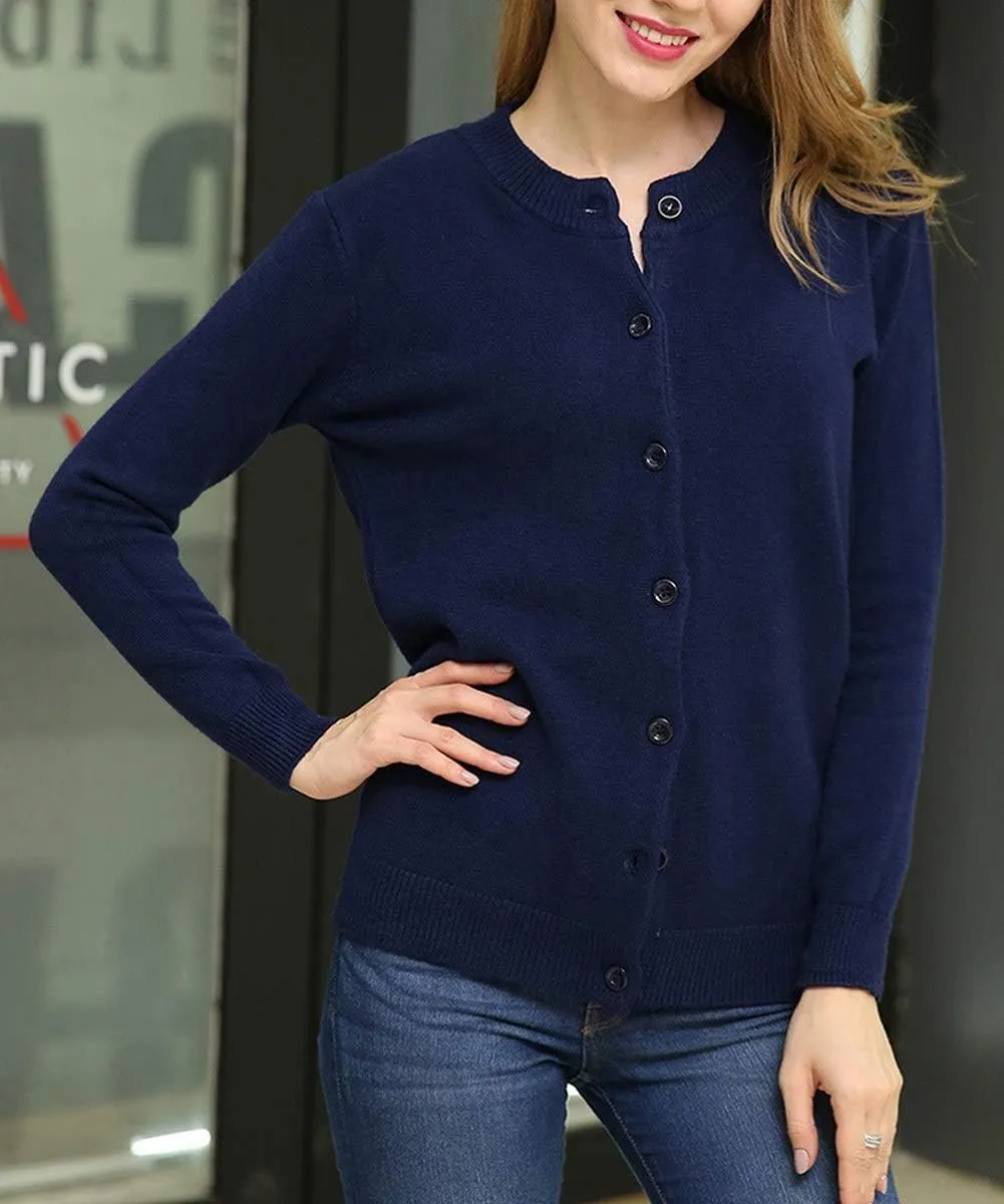 Women Thick Button Down Cardigan Sweaters Crew Neck Medium Weight Long Sleeve