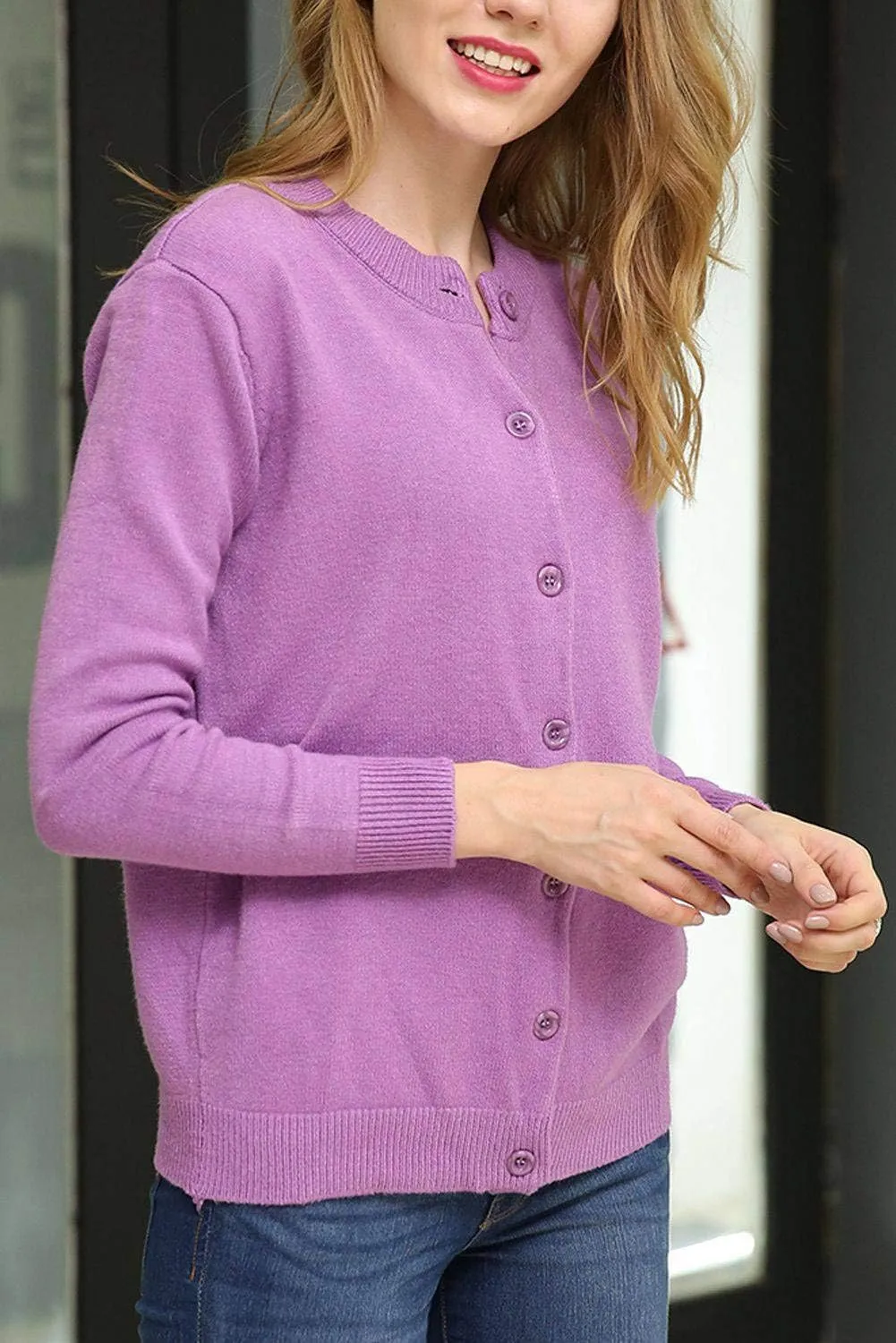 Women Thick Button Down Cardigan Sweaters Crew Neck Medium Weight Long Sleeve
